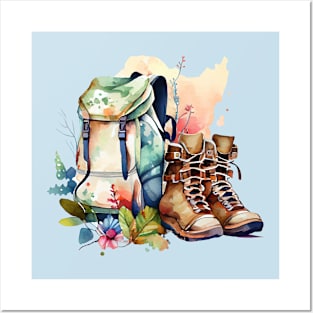 Backpack And Boots Watercolor Style Hiking Scene Posters and Art